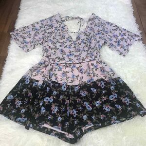 TRIXXI Romper Womens Medium Floral Color Block Pink Surplice V Neckline‎ Kimono